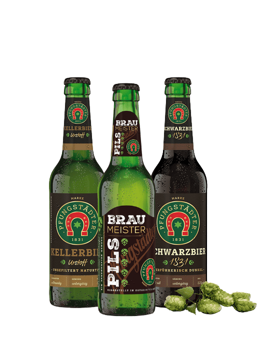 Dekoratives Bild mit jeweils einer Flaschenabbildung Kellerbier, Braumeister-Pils und Schwarzbier