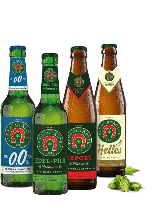 Dekoratives Bild mit jeweils einer Flasche Helles, Edel-Pils, Export, Alkoholfrei 0,0%