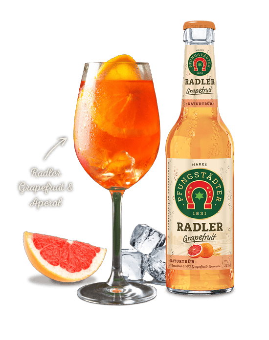 Flasche mit Glas Text :Radler Grapefruit& Aperol