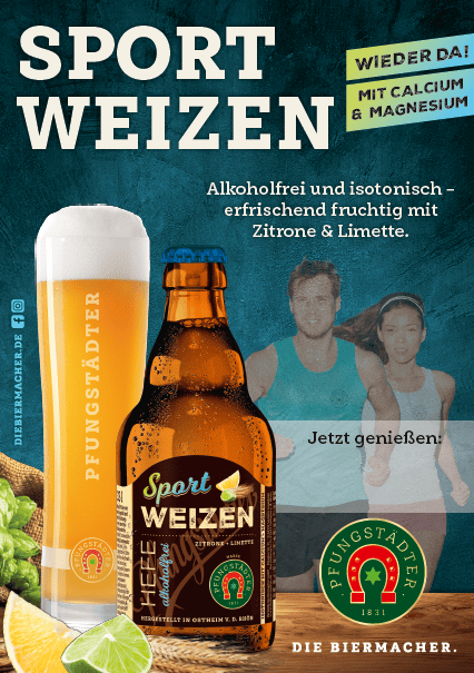 Plakat mit Sorte Sport Weizen, daneben ein Weizenbierglas. Im Hintergrund zwei Läufer. 