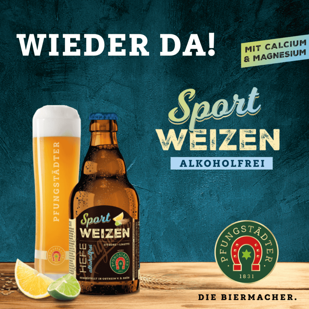 Flasche mit Glas, Text:Wieder Da! Das Sportweizen Alkoholfrei Mit Calcium ´&Magnesium