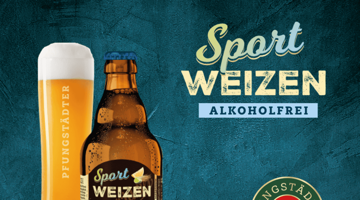 Flasche mit Glas, Text:Wieder Da! Das Sportweizen Alkoholfrei Mit Calcium ´&Magnesium