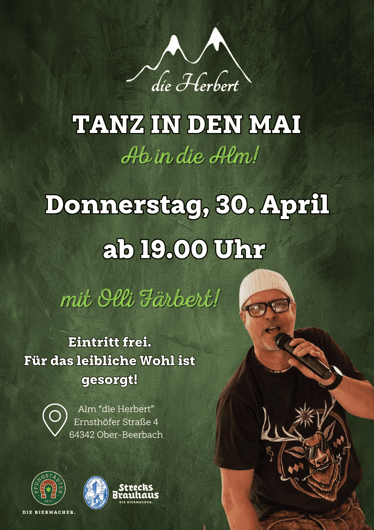 Flyer zu Tanz in den Mai in der Almhütte die Herbert