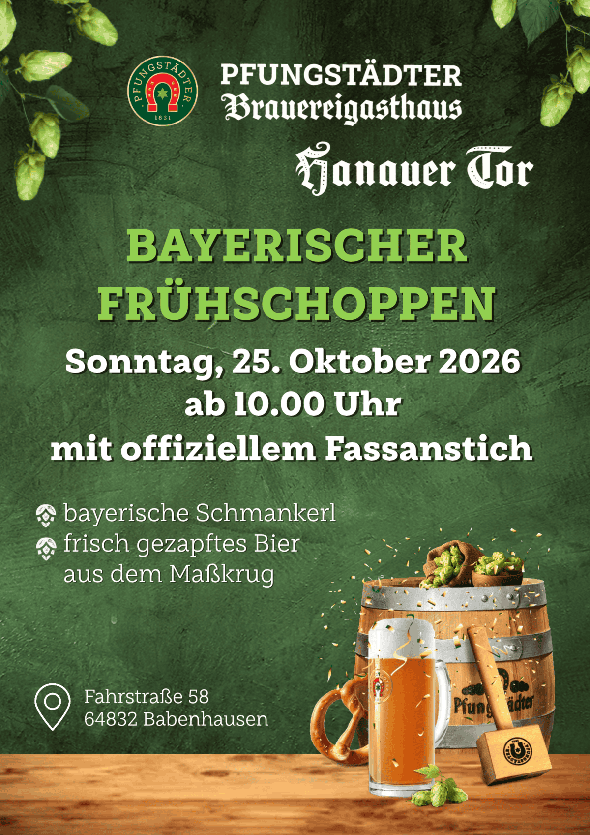 Flyer Bayerischer Frühschoppen im Hanauer Tor in Babenhausen am 25. Oktober 2026.