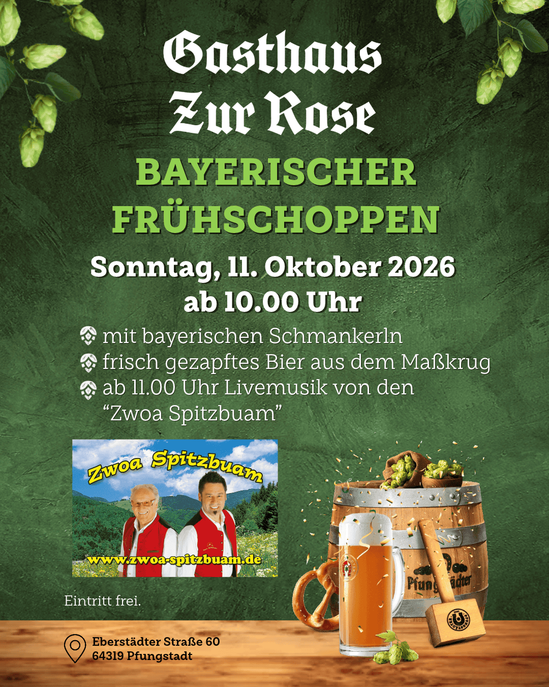 Flyer Gasthaus zur Rose - Bayerischer Frühschoppen am 11. Oktober 2026 ab 10.00 Uhr.