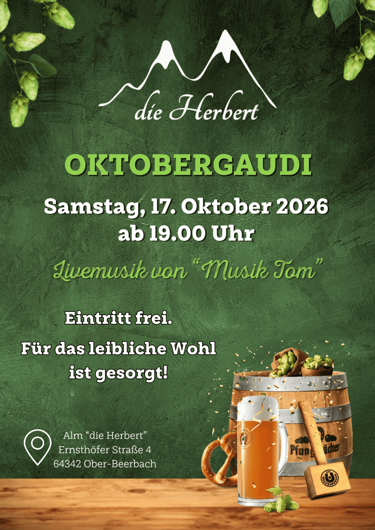 Flyer Oktobergaudi in der Alm "die Herbert" in Ober-Beerbach am 17. Oktober 2026 ab 19.00 Uhr.